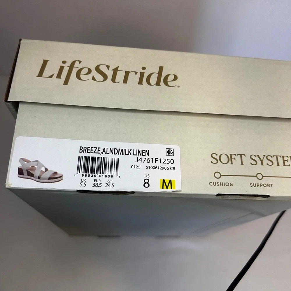 LifeStride Women's Breeze Almond Milk Linen‎ Espadrille Wedge Sandals Size 8M